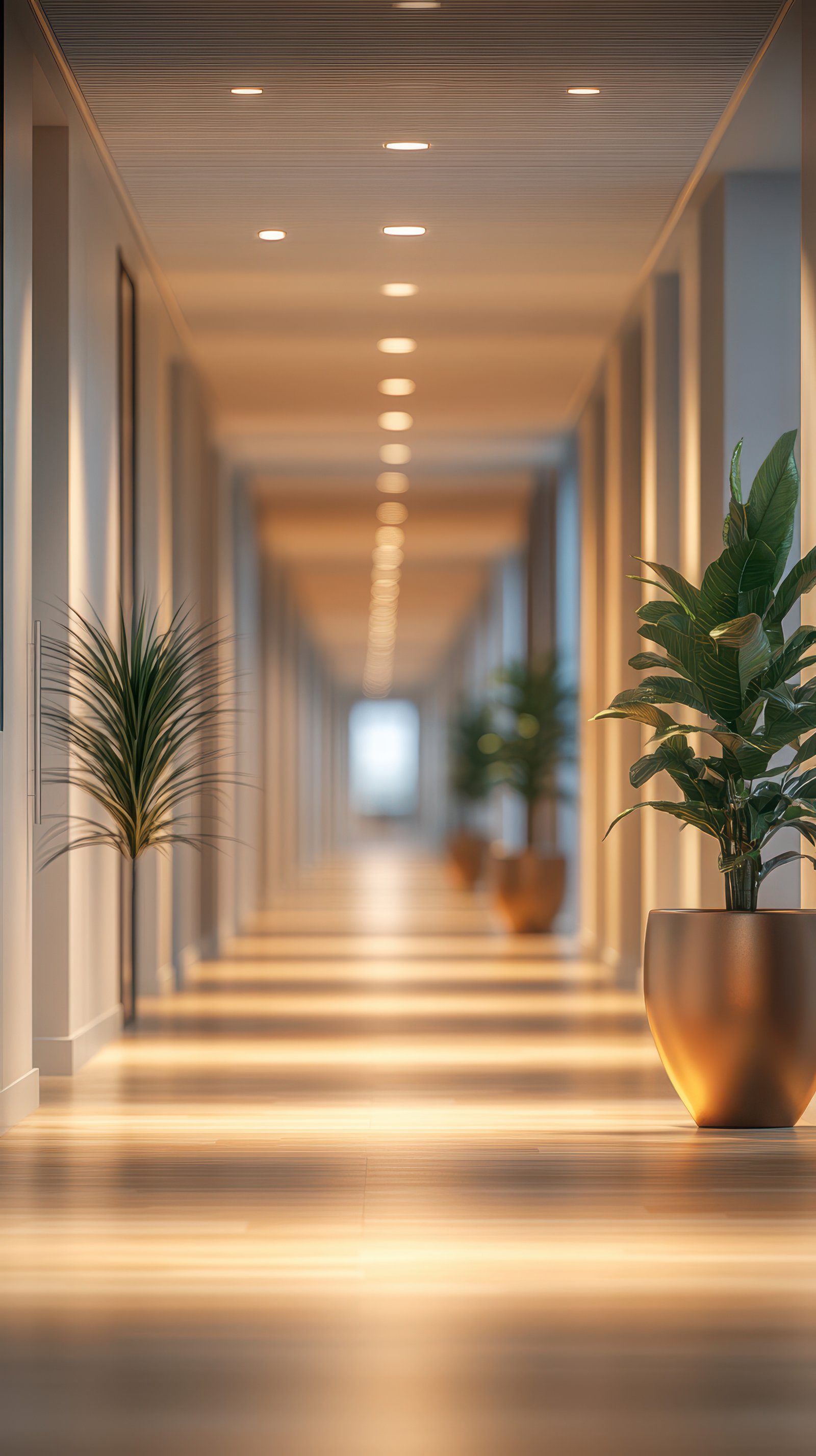 Long illuminated hallway in modern building with potted plants lining the walls, leading to a bright light